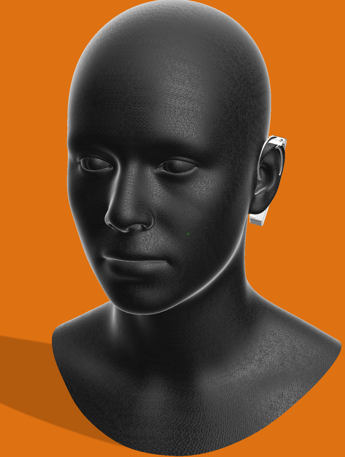 Core earpiece worn behind the ear, shown on a head against an orange studio background